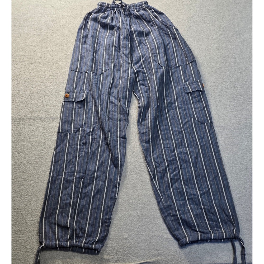 Alpaca Peru Cargo Barrel Pants Womens XL Blue Striped Drawstring Wide Leg Boho